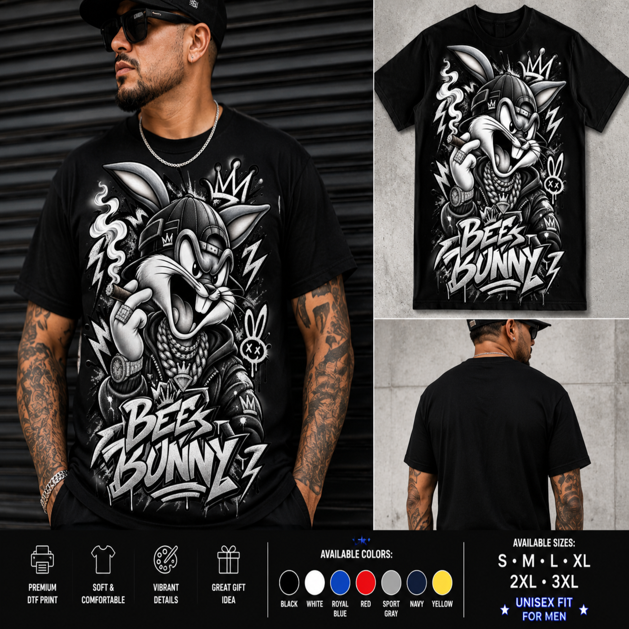 A collage showing a black graphic T-shirt worn by a man, with front and back views plus a standalone front print view. The shirt features a large black-and-white cartoon bunny illustration with graffiti-style text reading 'BEE BUNNY Z'.