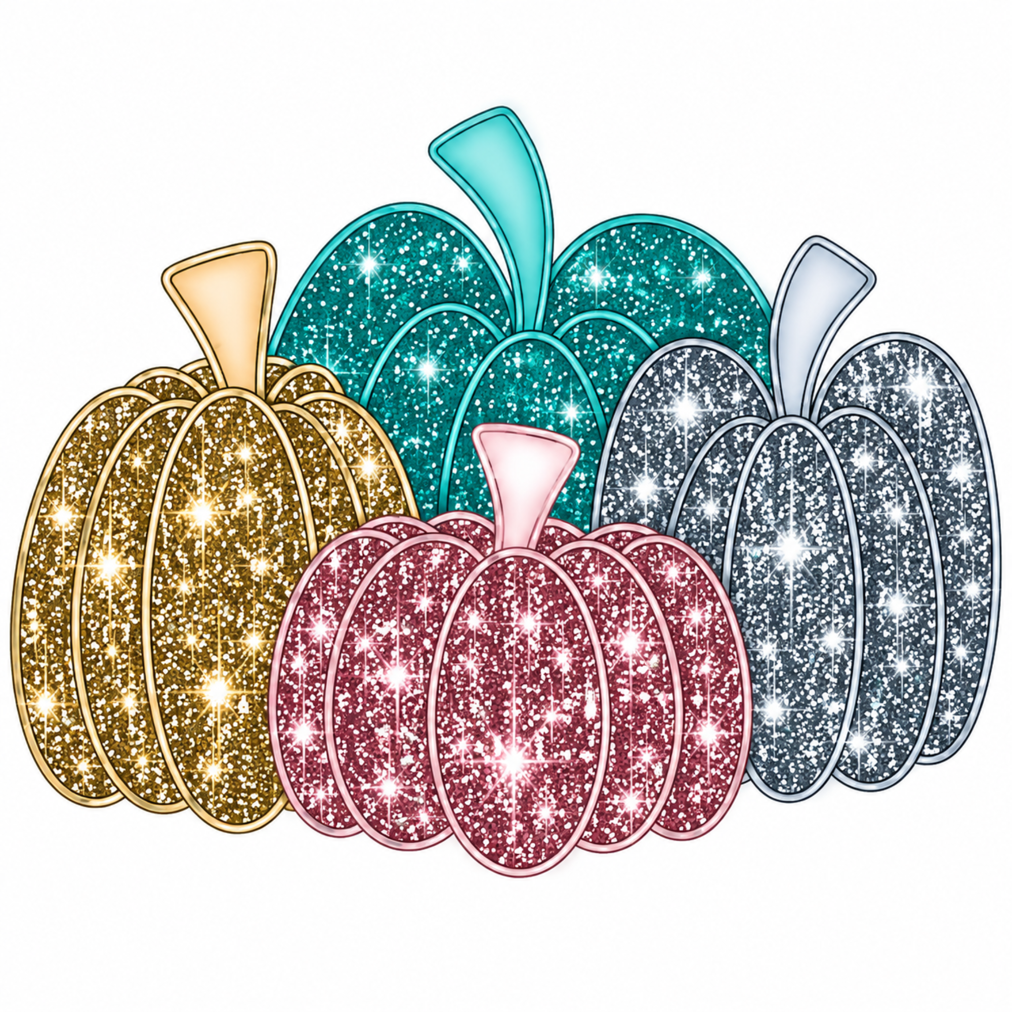 A set of five glittery decorative pumpkins in gold, teal, pink, and silver, arranged together on a plain white background.