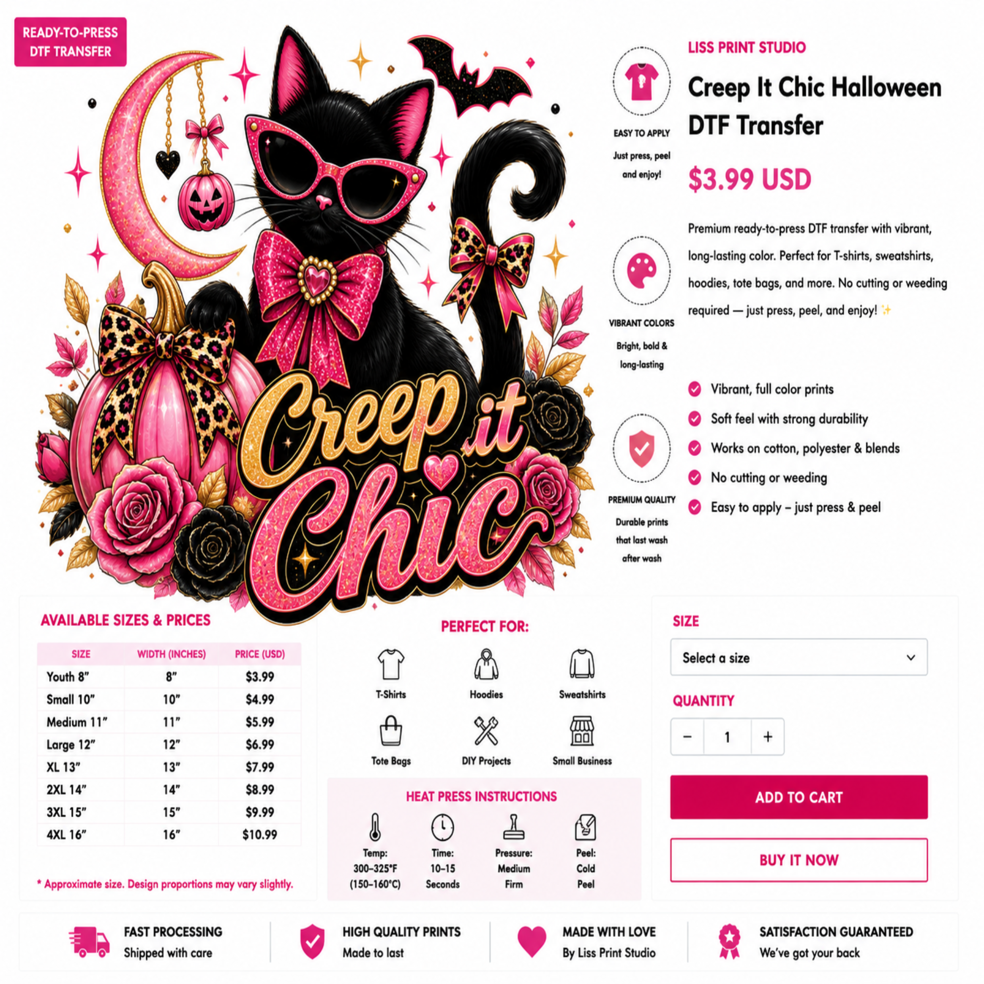 A promotional graphic for a DTF transfer product featuring the phrase 'Creep it Chic' in large gold script over a black cat illustration with pink and gold leopard print ears and a pink bow. The left side includes size information, pricing, and a heat press instruction panel; the right side shows product details and a quantity selector.