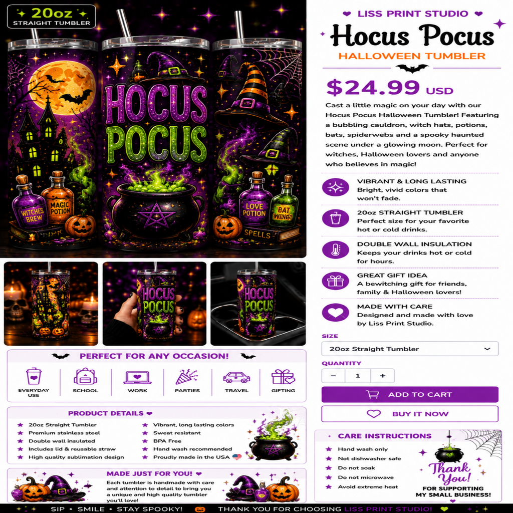 A promotional product listing graphic for a Halloween tumbler set by Liss Print Studio. The image shows multiple views of the same tumbler with a witch-themed printed design featuring a black background, orange pumpkin, purple and green text, and spiderweb graphics.