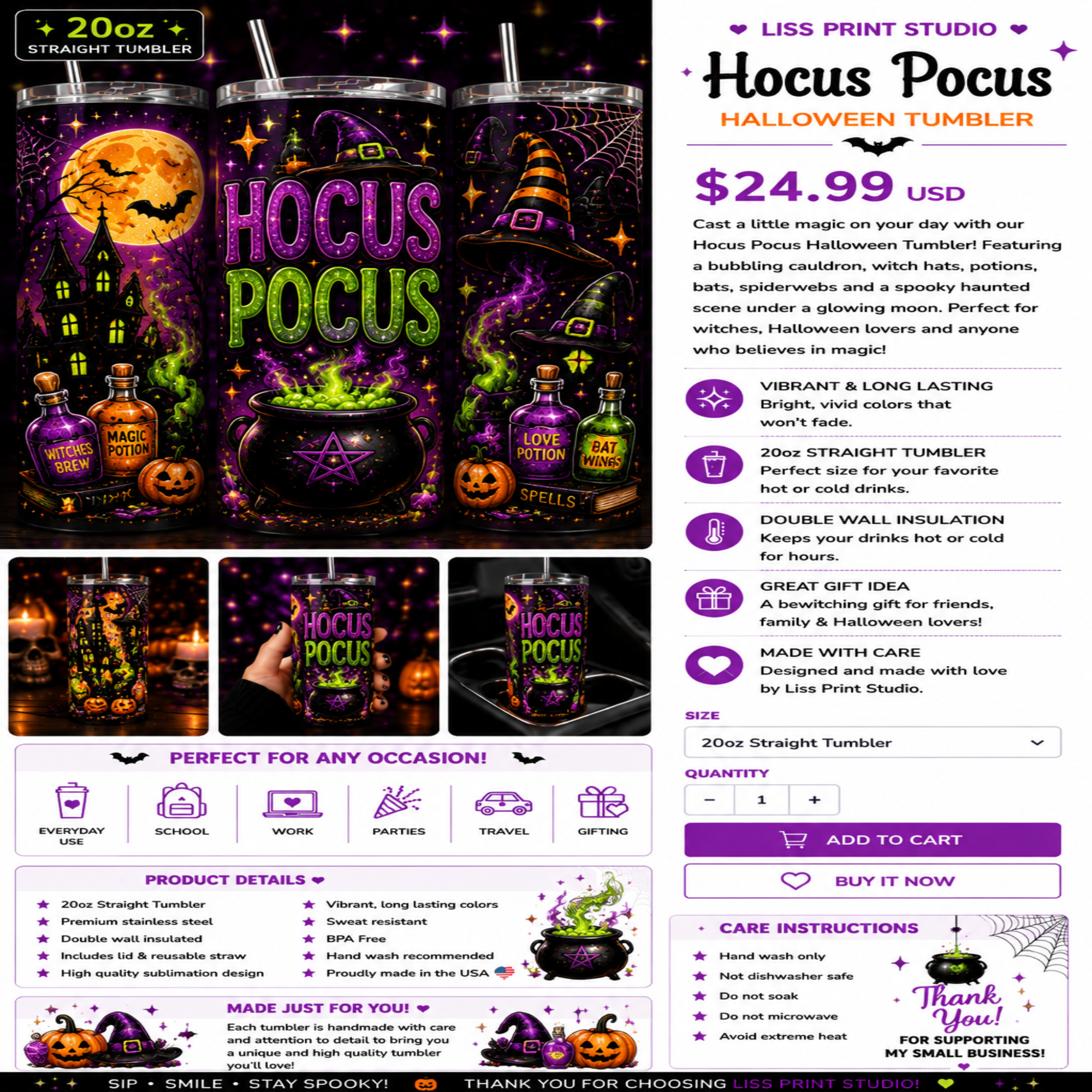 A promotional product listing graphic for a Halloween tumbler set by Liss Print Studio. The image shows multiple views of the same tumbler with a witch-themed printed design featuring a black background, orange pumpkin, purple and green text, and spiderweb graphics.