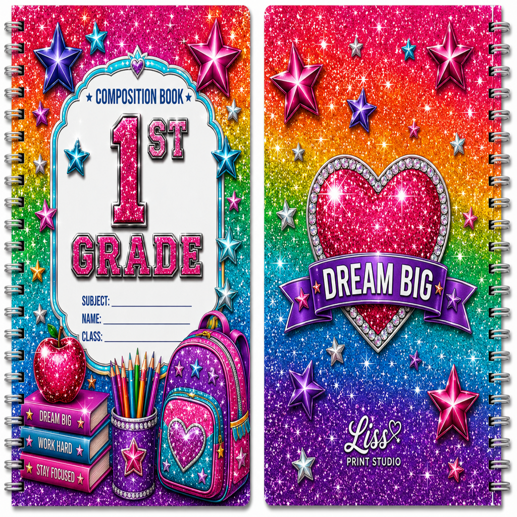 Two spiral-bound 1st Grade composition books with vibrant rainbow glitter covers, featuring stars, a heart, a backpack, books, pencils, and motivational text like 'Composition Book' and 'Dream Big'.