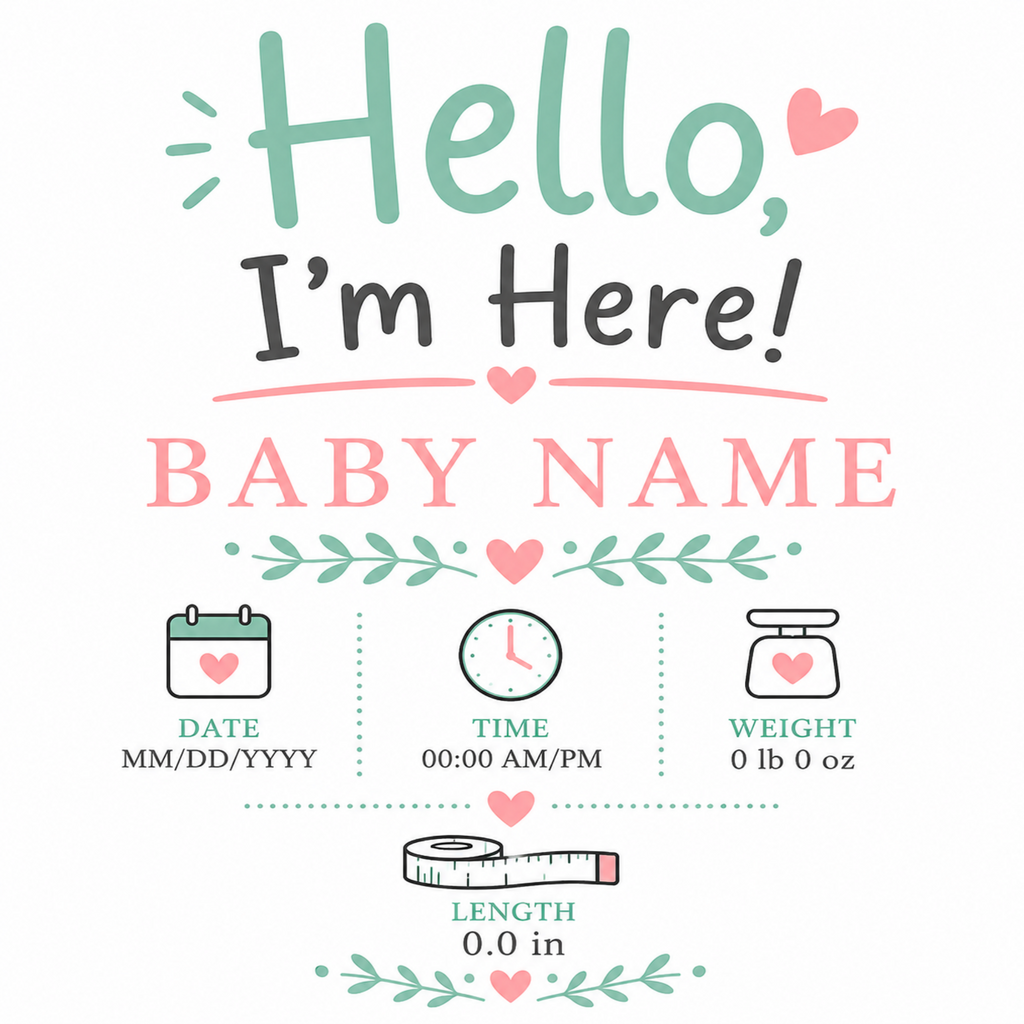 A baby shower milestone sign or print with the text 'Hello, I'm Here!' and 'BABY NAME' on a white background, decorated with pastel green and pink hearts, leaves, and small icons for date, time, weight, and length.