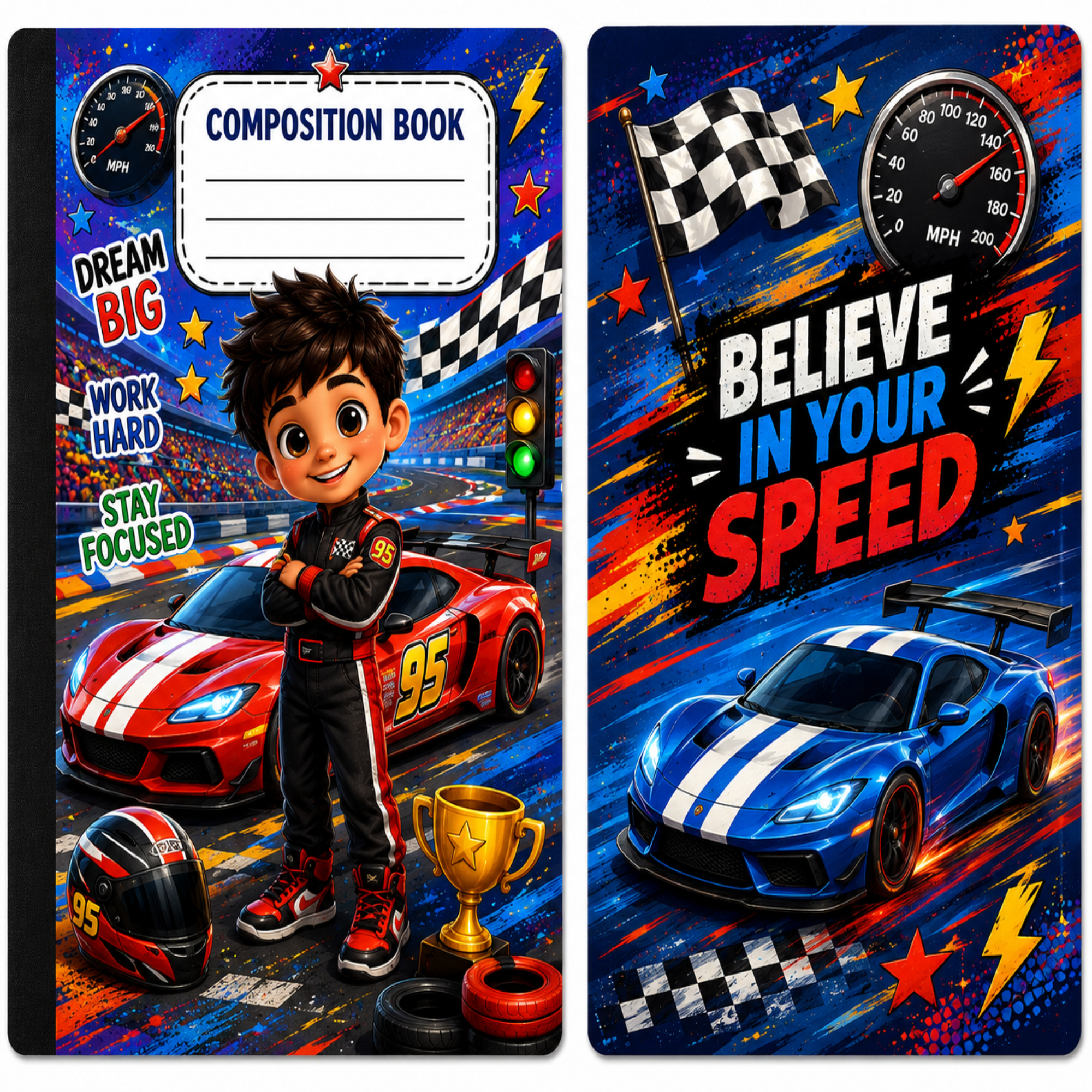 Two matching composition books with a colorful racing theme, featuring illustrated race cars, a driver character, a trophy, speedometer graphics, and motivational text like 'Believe in Your Speed' and 'Dream Big, Work Hard, Stay Focused.'.