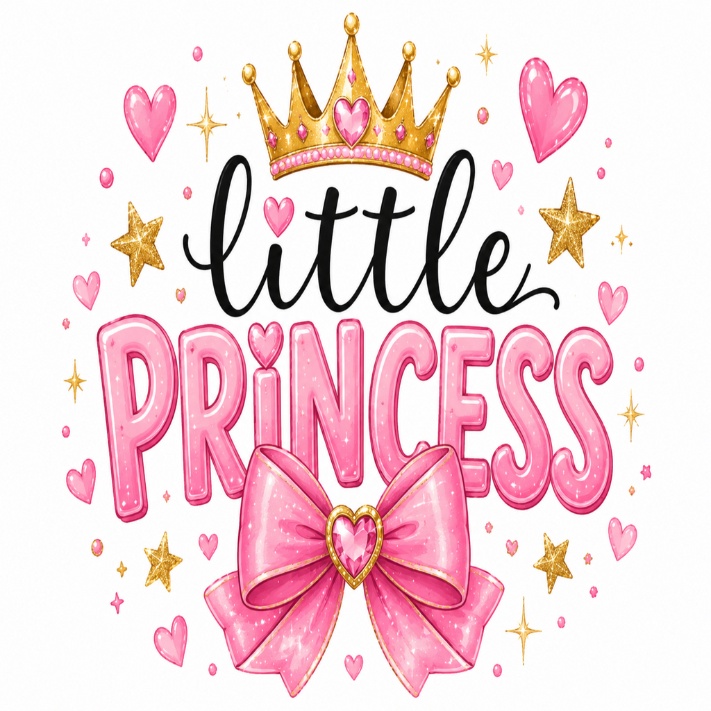 A decorative graphic reading 'little PRINCESS' with a gold crown, pink hearts, stars, and a large pink bow on a white background.