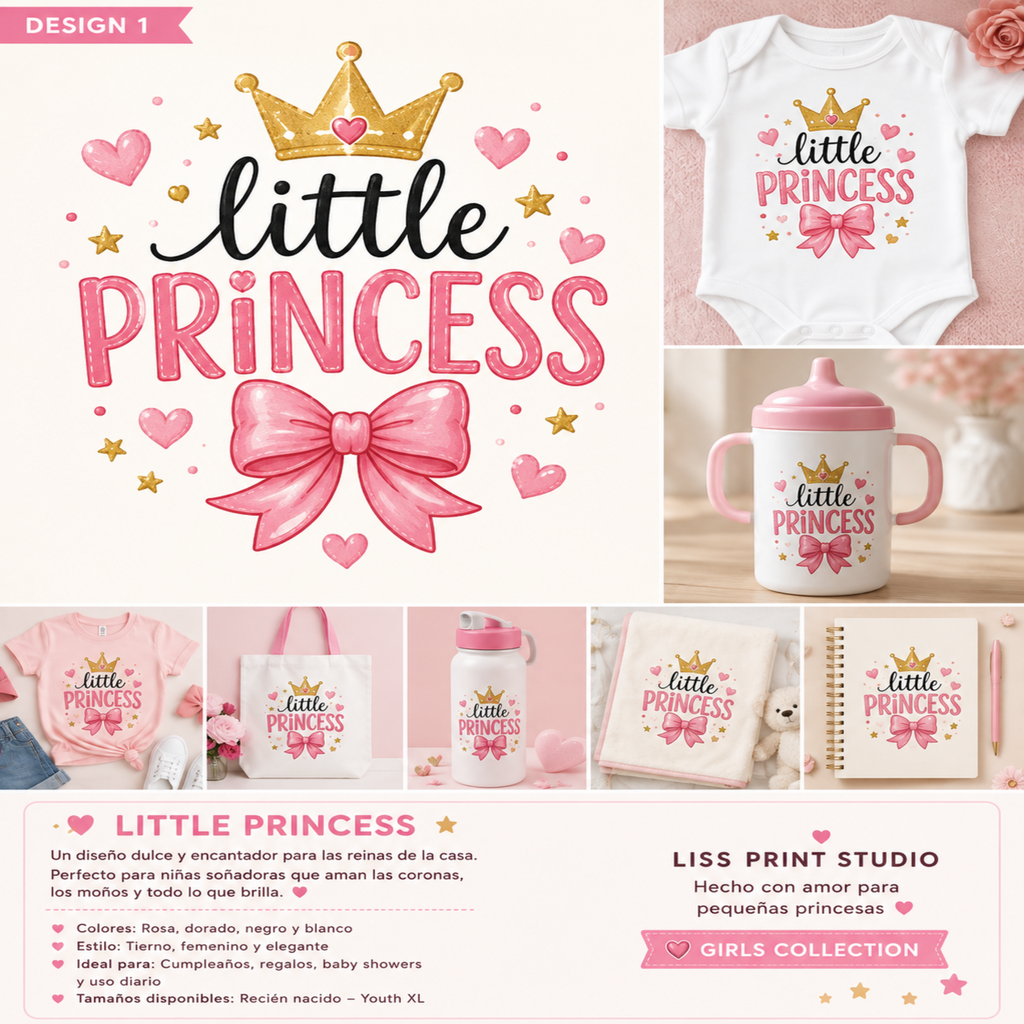 A collage-style product listing graphic for a 'little princess' themed stationery and baby accessories collection by Liss Print Studio. The design features a large central pink bow and 'little princess' text, plus smaller previews of matching baby clothing, a pink sippy cup, a baby bottle, a notebook, and a t-shirt in a soft pink color palette.