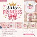 A collage-style product listing graphic for a 'little princess' themed stationery and baby accessories collection by Liss Print Studio. The design features a large central pink bow and 'little princess' text, plus smaller previews of matching baby clothing, a pink sippy cup, a baby bottle, a notebook, and a t-shirt in a soft pink color palette.