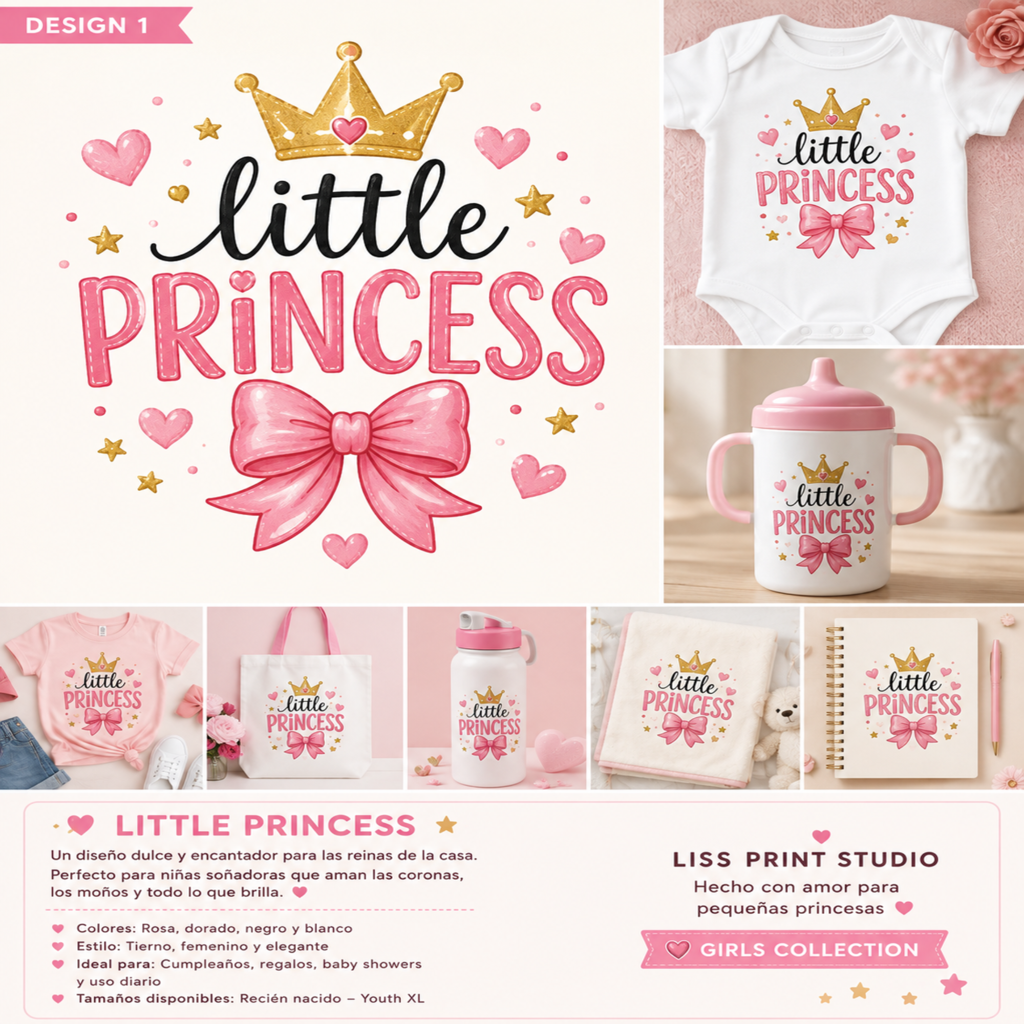 A collage-style product listing graphic for a 'little princess' themed stationery and baby accessories collection by Liss Print Studio. The design features a large central pink bow and 'little princess' text, plus smaller previews of matching baby clothing, a pink sippy cup, a baby bottle, a notebook, and a t-shirt in a soft pink color palette.