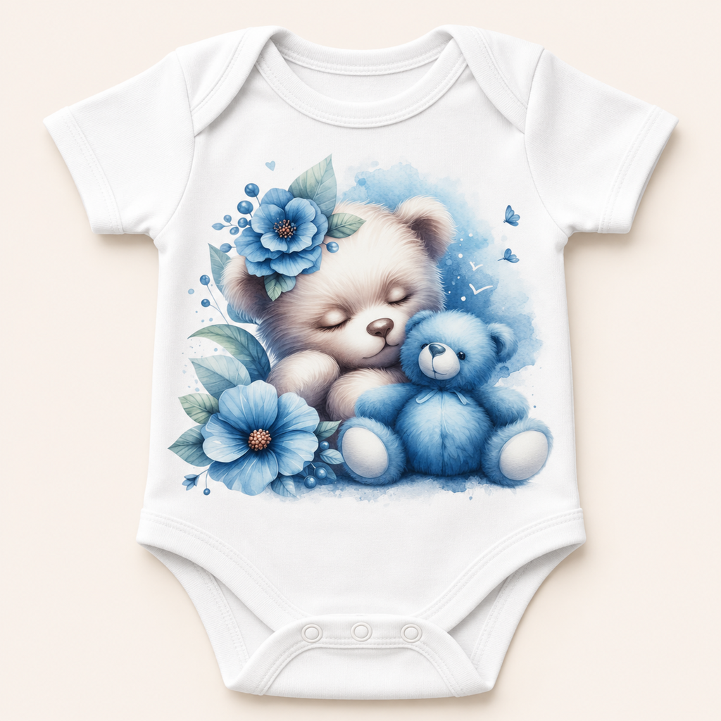 White short-sleeve baby bodysuit with a watercolor-style graphic of a sleeping beige teddy bear hugging a blue teddy bear, surrounded by blue flowers and leaves, shown on a light beige background.