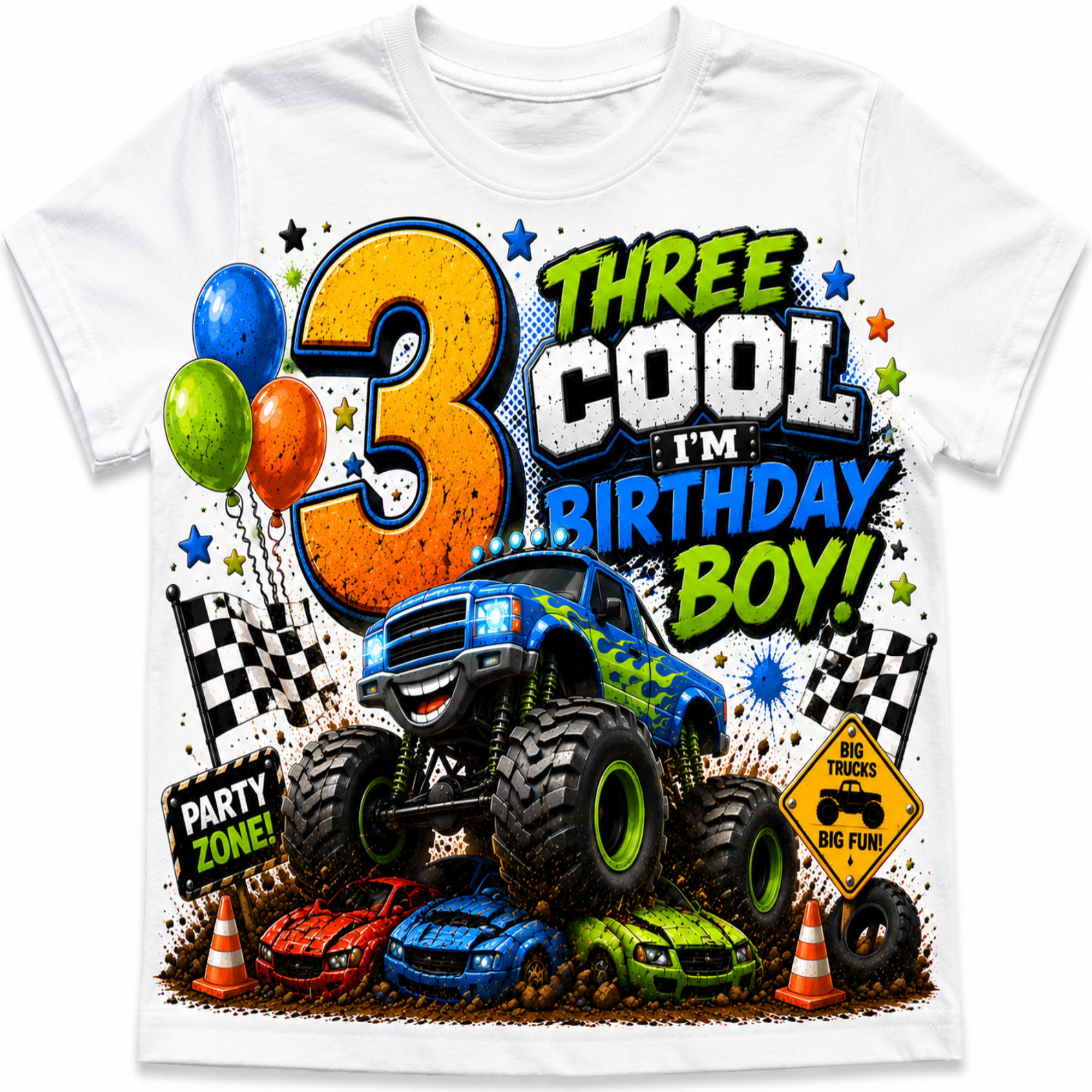 A white short-sleeve kids' t-shirt featuring a colorful graphic design for a 3rd birthday. The design includes a large orange number '3', the text 'THREE COOL I'M BIRTHDAY BOY!' in green and blue, a blue monster truck, three small race cars, balloons, checkered flags, and racing elements.