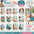 A promotional collage for a 'Beach Vibes Collection' UV DTF transfer pack, showing 12 tropical beach-themed graphic designs, a sample transfer applied to a can, and text highlighting waterproof, scratch-resistant, and vibrant color features.