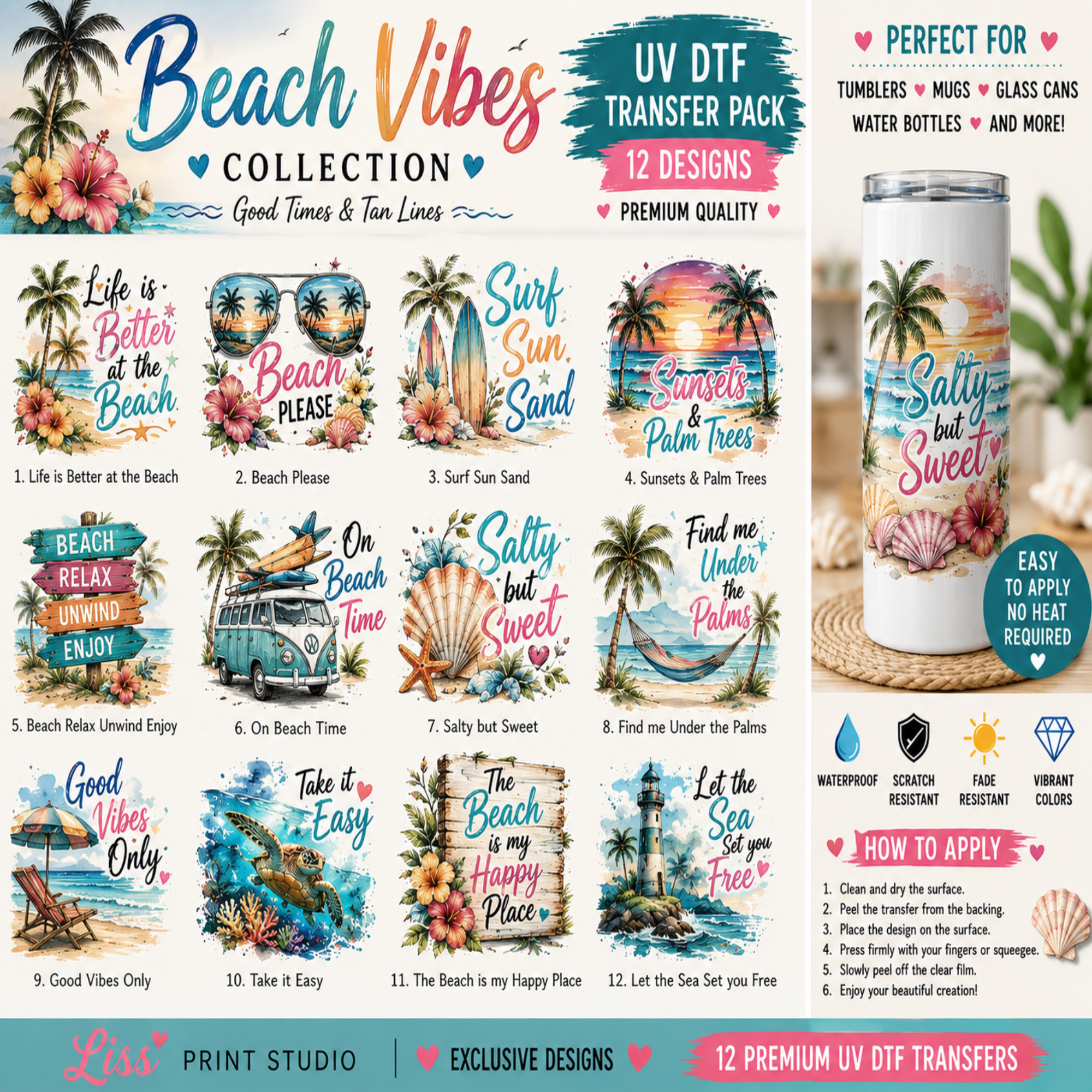 A promotional collage for a 'Beach Vibes Collection' UV DTF transfer pack, showing 12 tropical beach-themed graphic designs, a sample transfer applied to a can, and text highlighting waterproof, scratch-resistant, and vibrant color features.