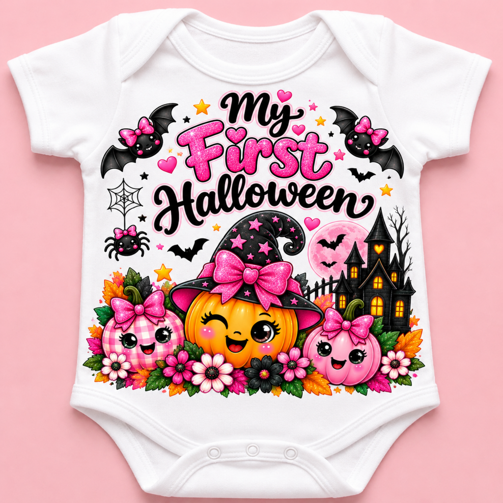 A white short-sleeve baby bodysuit laid flat on a pink background, featuring a colorful Halloween graphic with the text 'My First Halloween,' bats, a witch hat, pumpkins, flowers, a spider, and a haunted house.