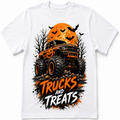 A white short-sleeve crewneck t-shirt featuring a large graphic print of an orange monster truck with jack-o'-lantern details, set against a spooky orange moon, bats, and bare trees, with the text 'TRUCKS AND TREATS' below.