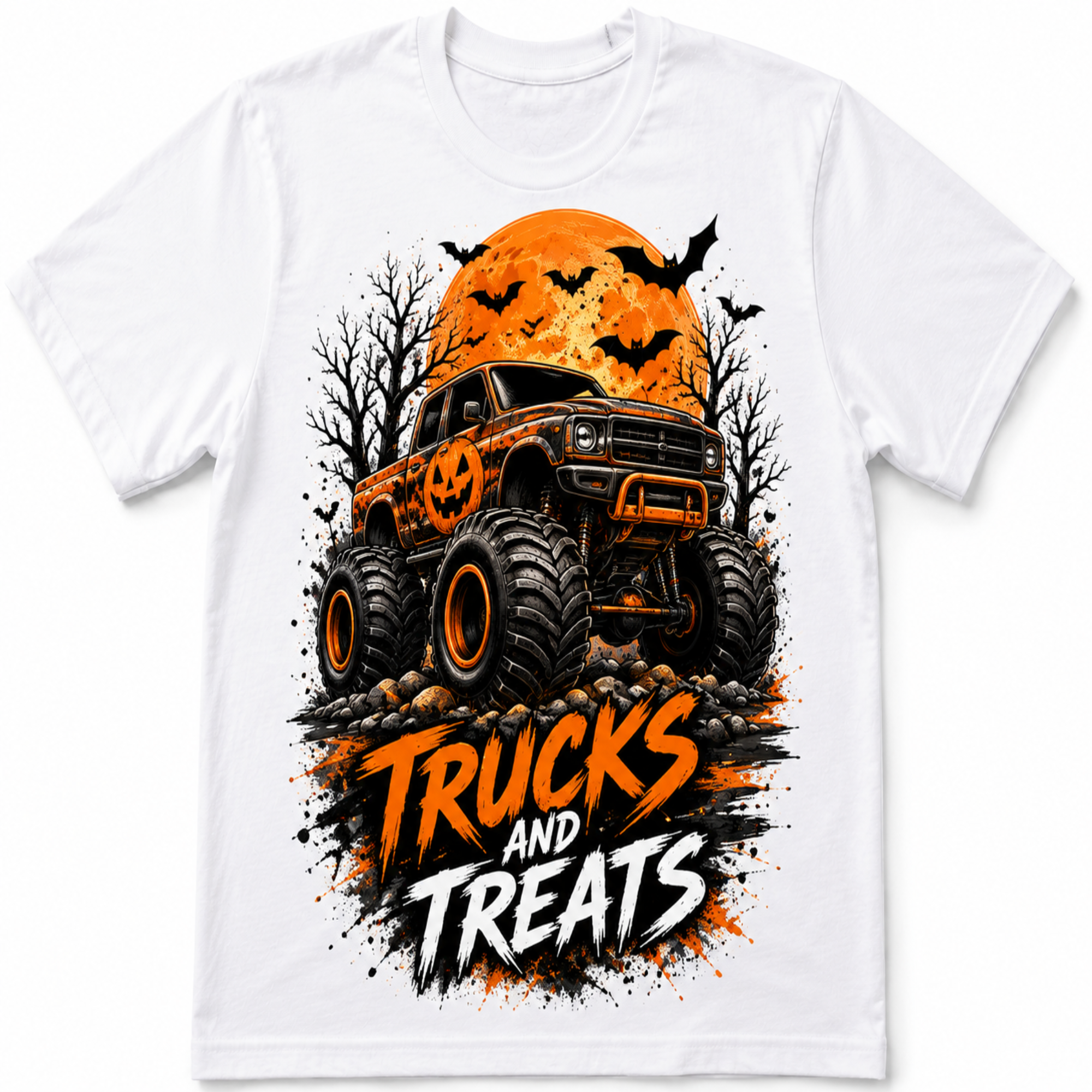 A white short-sleeve crewneck t-shirt featuring a large graphic print of an orange monster truck with jack-o'-lantern details, set against a spooky orange moon, bats, and bare trees, with the text 'TRUCKS AND TREATS' below.
