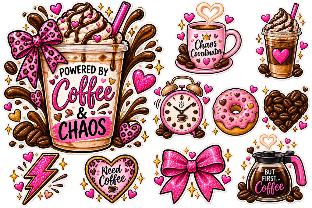 A collection of cute coffee-themed stickers with pink, brown, and gold hand-drawn illustrations, including a milkshake, cup of coffee, donut, coffee beans, and hearts with text like 'POWERED BY Coffee & CHAOS' and 'Need Coffee'.