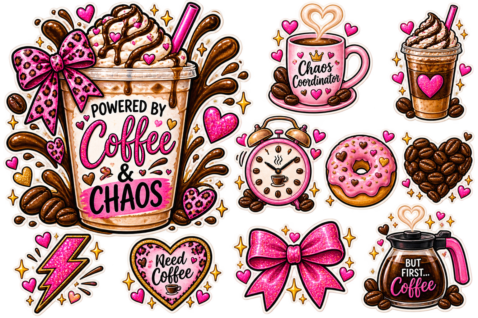 A collection of cute coffee-themed stickers with pink, brown, and gold hand-drawn illustrations, including a milkshake, cup of coffee, donut, coffee beans, and hearts with text like 'POWERED BY Coffee & CHAOS' and 'Need Coffee'.