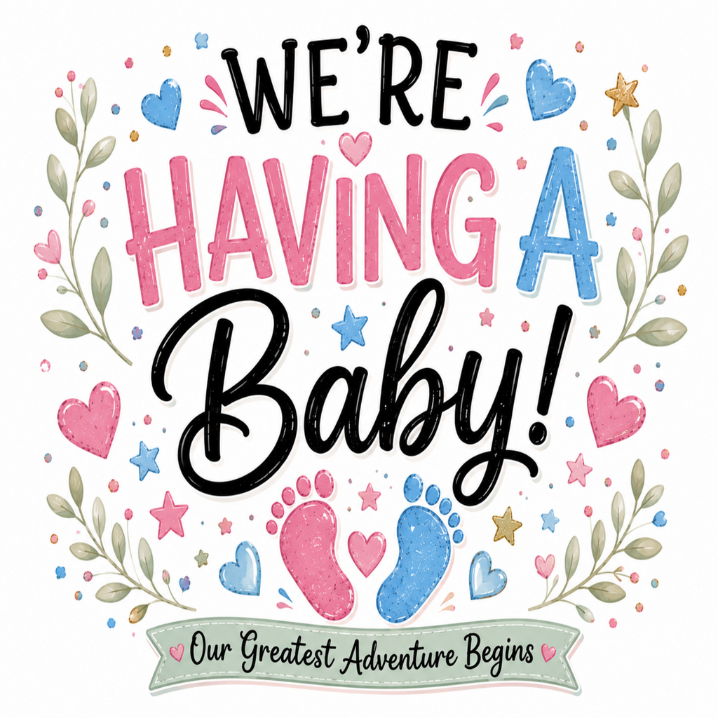 Watercolor-style baby shower graphic with the phrase “WE’RE HAVING A Baby!” in black, pink, and blue lettering, surrounded by pink and blue hearts, leaves, stars, and baby footprints. A banner at the bottom reads “Our Greatest Adventure Begins.