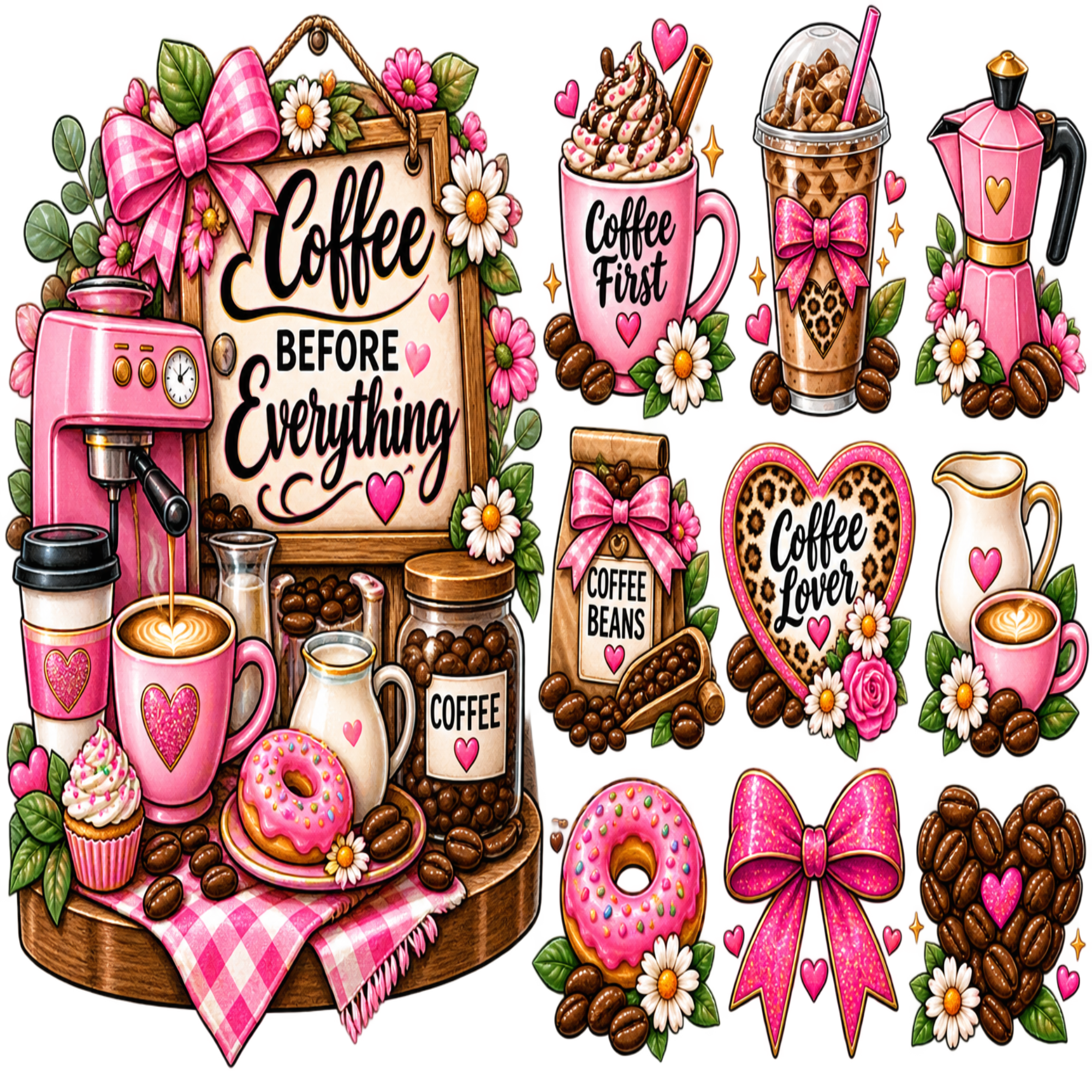 A colorful coffee-themed clipart and illustration set featuring pink coffee mugs, a pink espresso machine, coffee beans, donuts, flowers, bows, and signs with phrases like 'Coffee Before Everything' and 'Coffee Lover'.