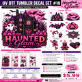 A promotional graphic for a UV DTF tumbler decal set themed around 'Haunted Glam'. The design features a pink and black gothic haunted house, bats, spiderwebs, and the text 'Haunted Glam' in pink.