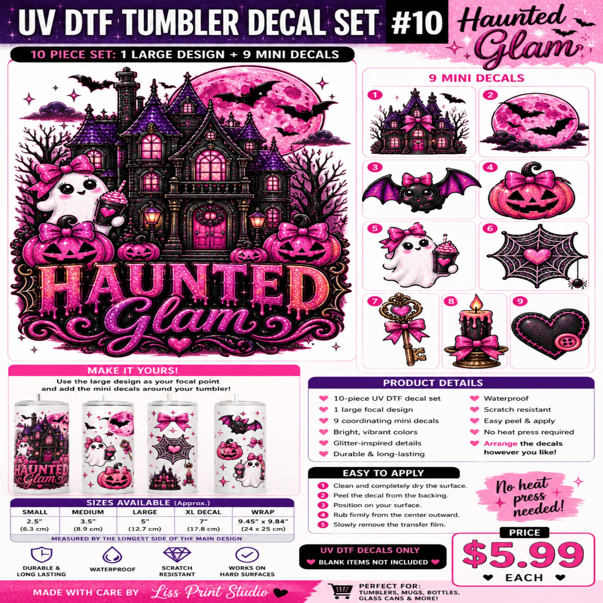 A promotional graphic for a UV DTF tumbler decal set themed around 'Haunted Glam'. The design features a pink and black gothic haunted house, bats, spiderwebs, and the text 'Haunted Glam' in pink.
