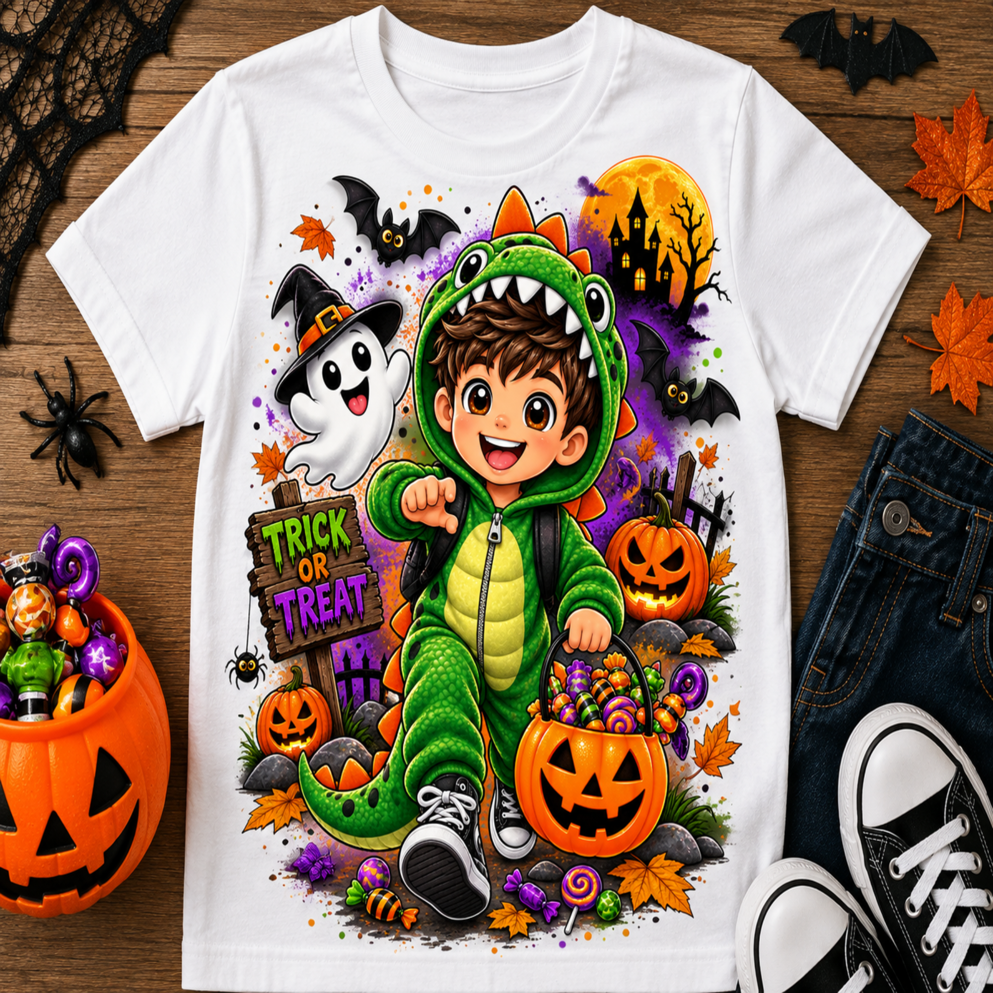 A white short-sleeve T-shirt laid flat on a wooden surface, featuring a colorful Halloween graphic of a child in a green dinosaur costume surrounded by pumpkins, bats, a ghost, and a 'Trick or Treat' sign. The shirt is styled with jeans, black sneakers, a pumpkin bucket of candy, and autumn leaves.
