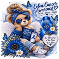 A memorial-style graphic for colon cancer awareness featuring a teddy bear dressed as an angel in blue, surrounded by flowers, butterflies, a blue awareness ribbon, and text reading 'Colon Cancer Awareness' and 'In Memory of the Ones We Love.' This is not a clean product photo of a physical item, and there is no real person or environment; it reads as a digital promotional artwork, so subject_type is Other rather than Lifestyle or Scenery.