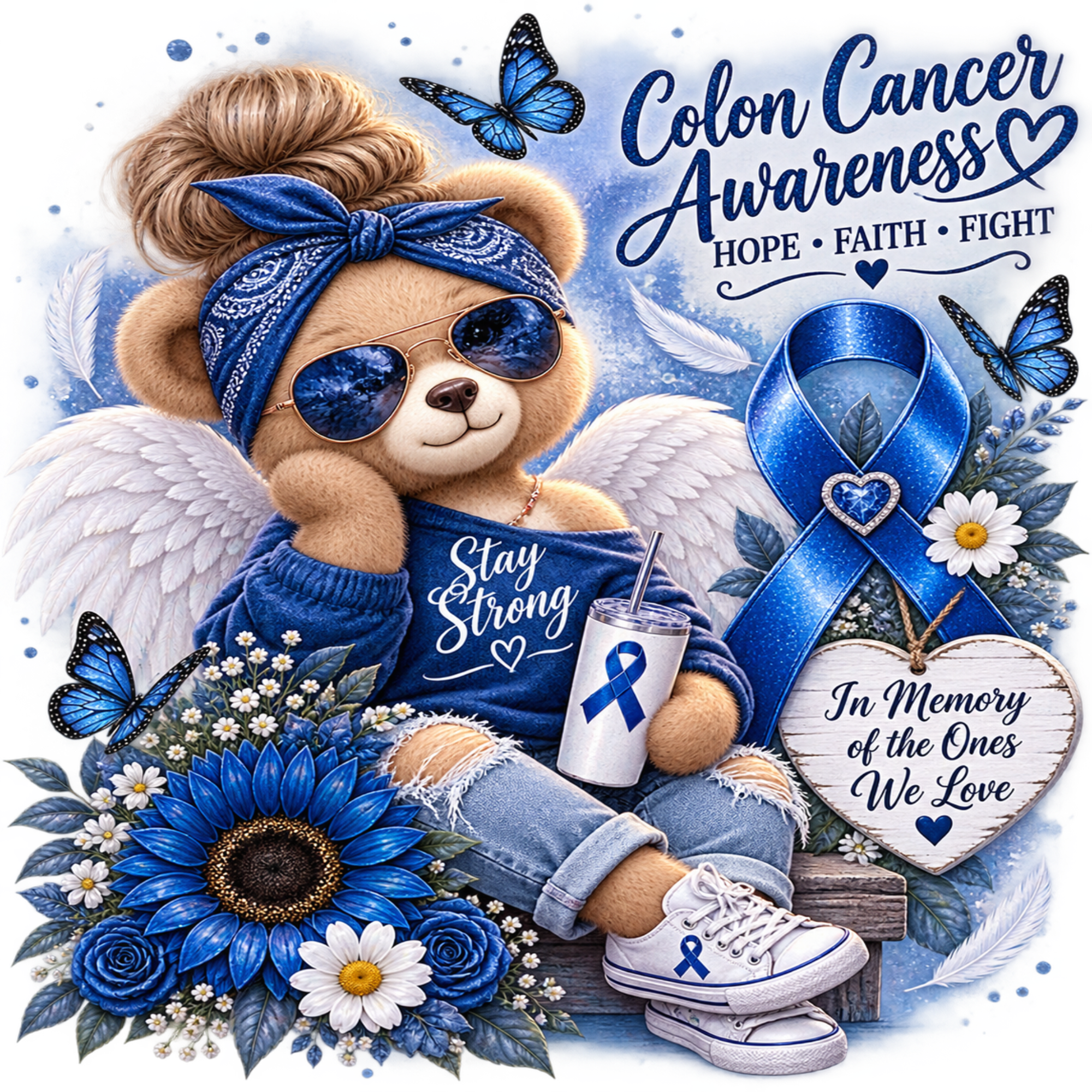 A memorial-style graphic for colon cancer awareness featuring a teddy bear dressed as an angel in blue, surrounded by flowers, butterflies, a blue awareness ribbon, and text reading 'Colon Cancer Awareness' and 'In Memory of the Ones We Love.' This is not a clean product photo of a physical item, and there is no real person or environment; it reads as a digital promotional artwork, so subject_type is Other rather than Lifestyle or Scenery.