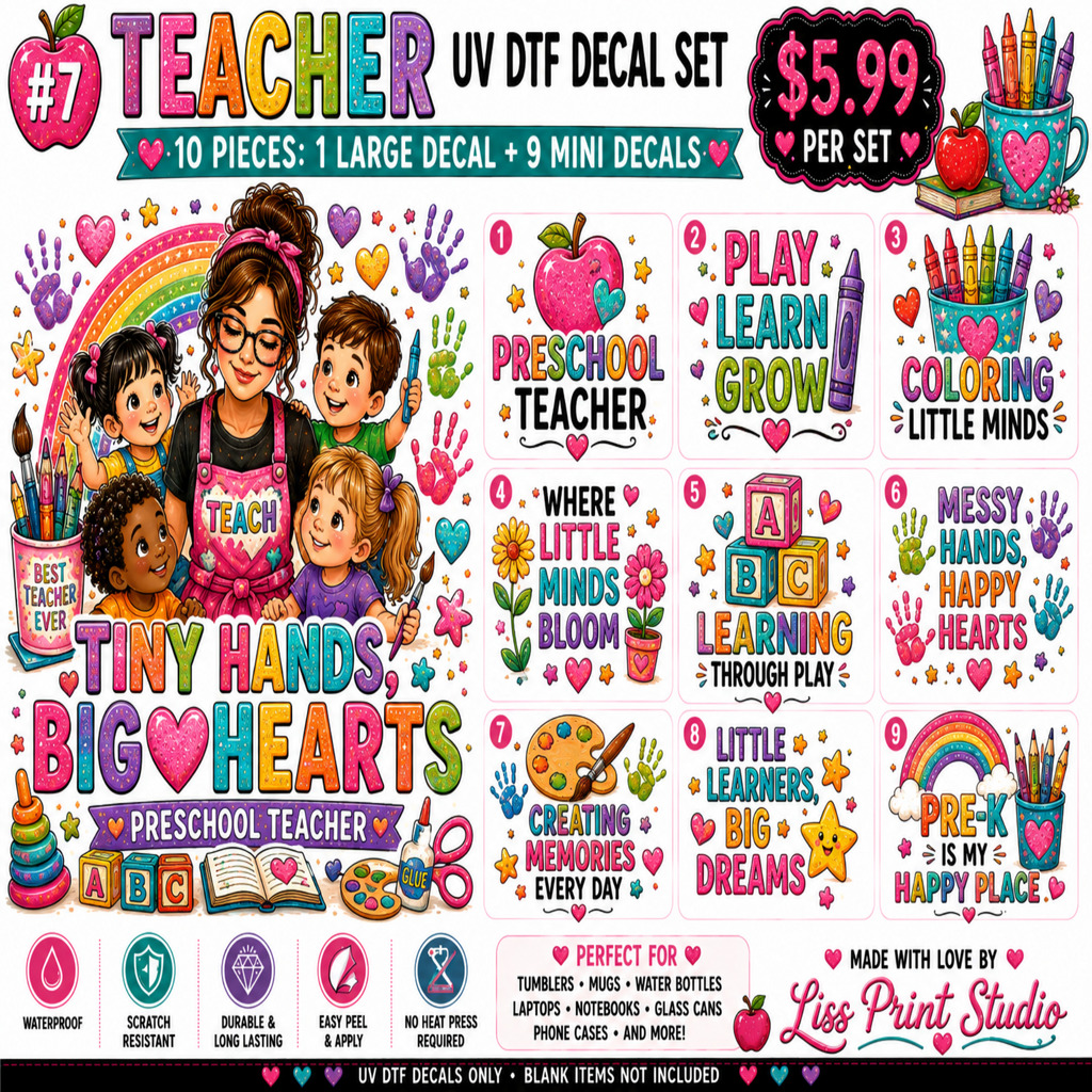 A colorful promotional graphic for a UV DTF decal set themed around preschool teachers. The image shows multiple illustrated decal designs, text labels, and pricing information on a white background, with the brand name 'Lis Print Studio' at the bottom right.