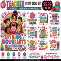 A colorful promotional graphic for a UV DTF decal set themed around preschool teachers. The image shows multiple illustrated decal designs, text labels, and pricing information on a white background, with the brand name 'Lis Print Studio' at the bottom right.