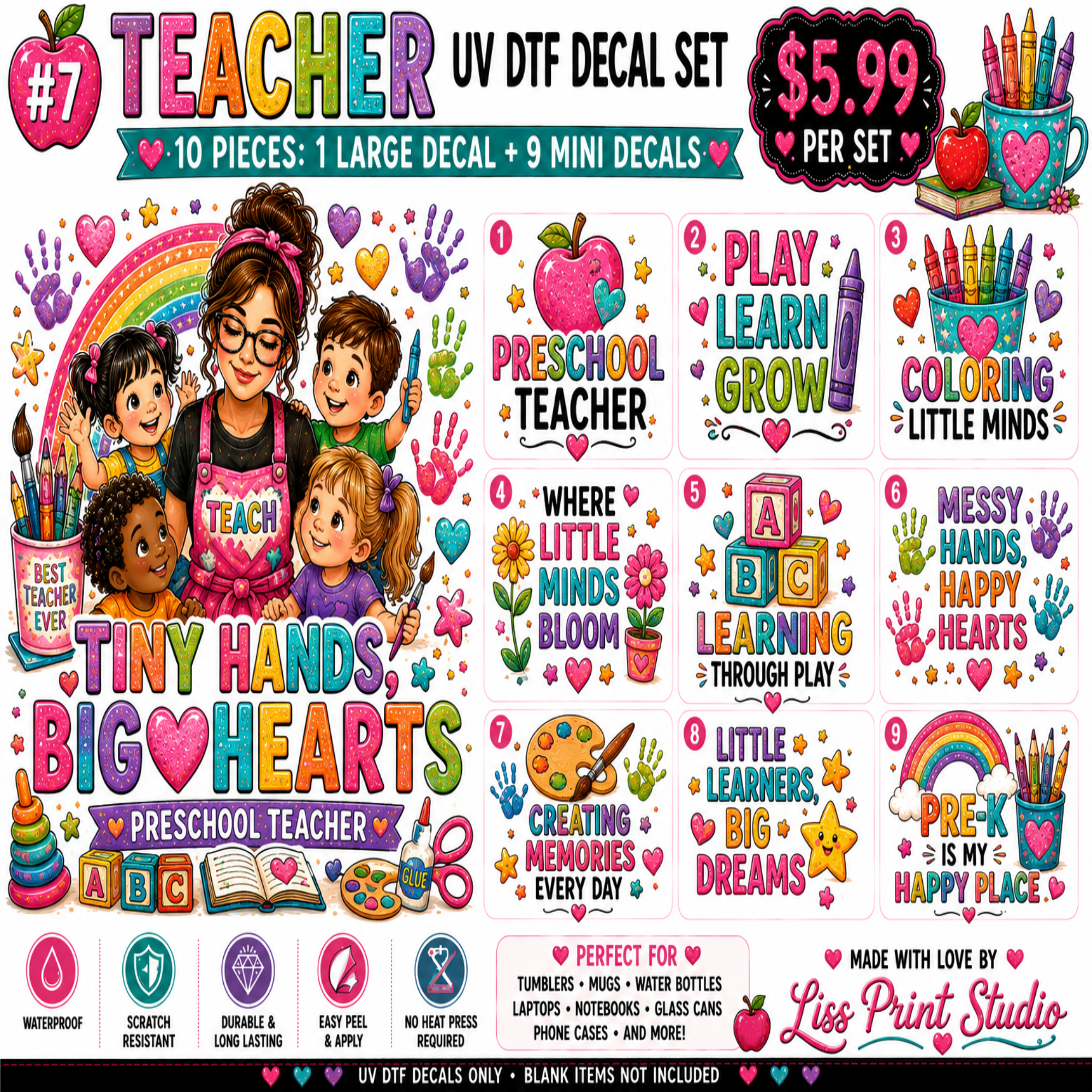 A colorful promotional graphic for a UV DTF decal set themed around preschool teachers. The image shows multiple illustrated decal designs, text labels, and pricing information on a white background, with the brand name 'Lis Print Studio' at the bottom right.