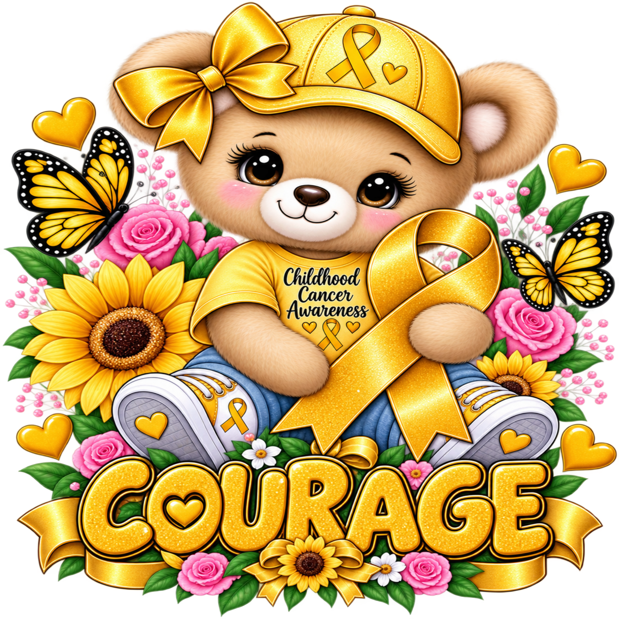 A cartoon teddy bear wearing a yellow awareness ribbon shirt, yellow cap, and blue jeans, surrounded by sunflowers, pink roses, butterflies, and the word “COURAGE” in large glittery yellow letters. The shirt reads “Childhood Cancer Awareness.