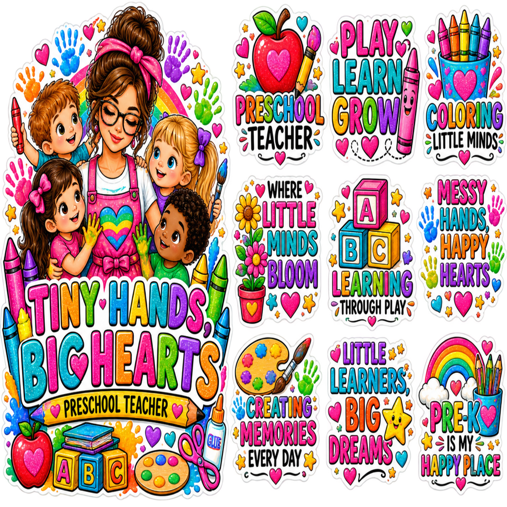 A collage of colorful preschool-themed sticker or decal designs featuring a teacher and children, hearts, crayons, alphabet blocks, flowers, rainbows, and motivational phrases such as 'Preschool Teacher,' 'Play Learn Grow,' 'Coloring Little Minds,' and 'Little Learners Big Dreams.'.