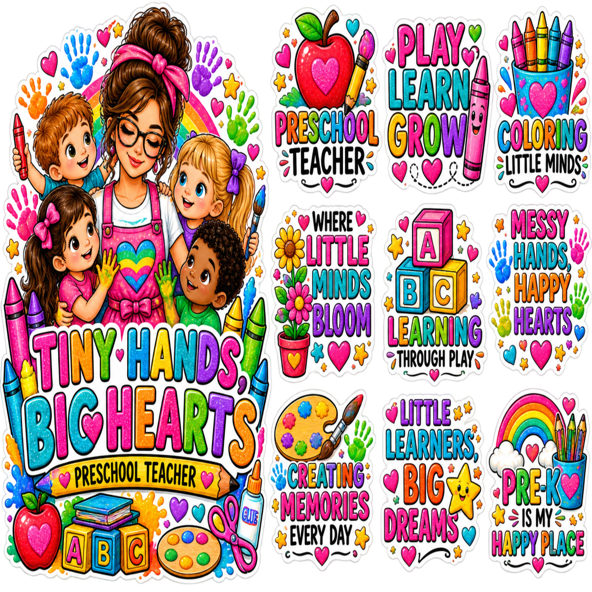 A collage of colorful preschool-themed sticker or decal designs featuring a teacher and children, hearts, crayons, alphabet blocks, flowers, rainbows, and motivational phrases such as 'Preschool Teacher,' 'Play Learn Grow,' 'Coloring Little Minds,' and 'Little Learners Big Dreams.'.