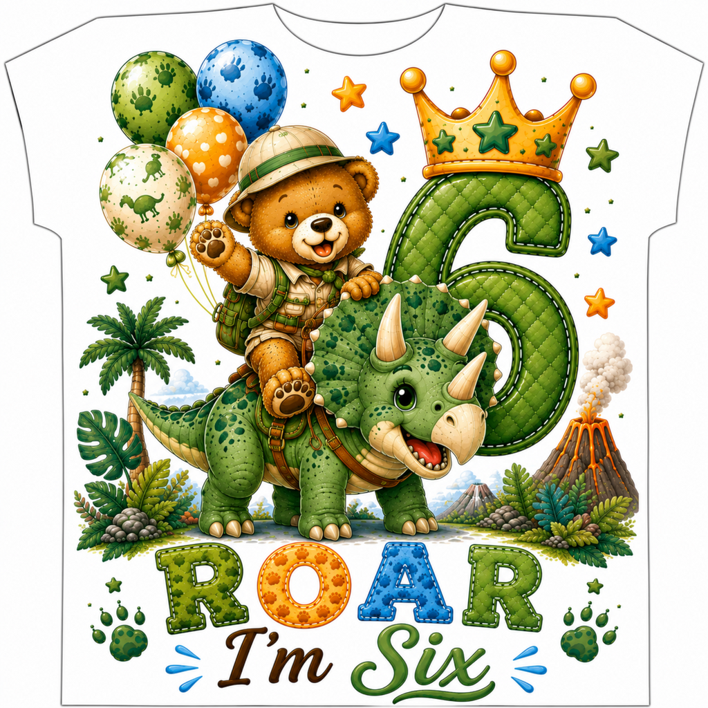 A white short-sleeve T-shirt with a colorful cartoon birthday graphic. The design shows a teddy bear wearing a safari hat and backpack, riding a green Triceratops dinosaur next to a large stitched number 6, with balloons, stars, palm trees, a volcano, and the words 'ROAR I'm Six' at the bottom.