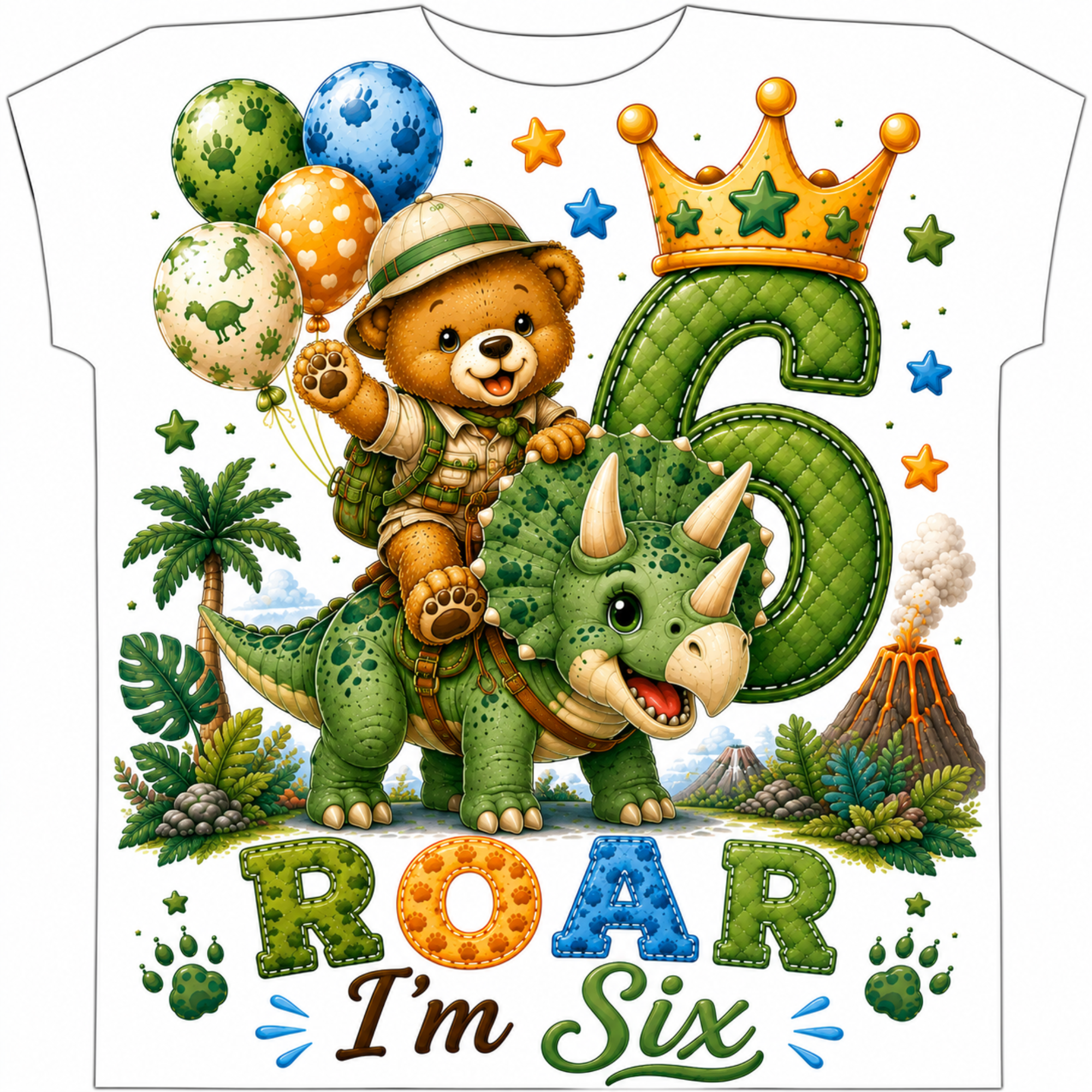 A white short-sleeve T-shirt with a colorful cartoon birthday graphic. The design shows a teddy bear wearing a safari hat and backpack, riding a green Triceratops dinosaur next to a large stitched number 6, with balloons, stars, palm trees, a volcano, and the words 'ROAR I'm Six' at the bottom.