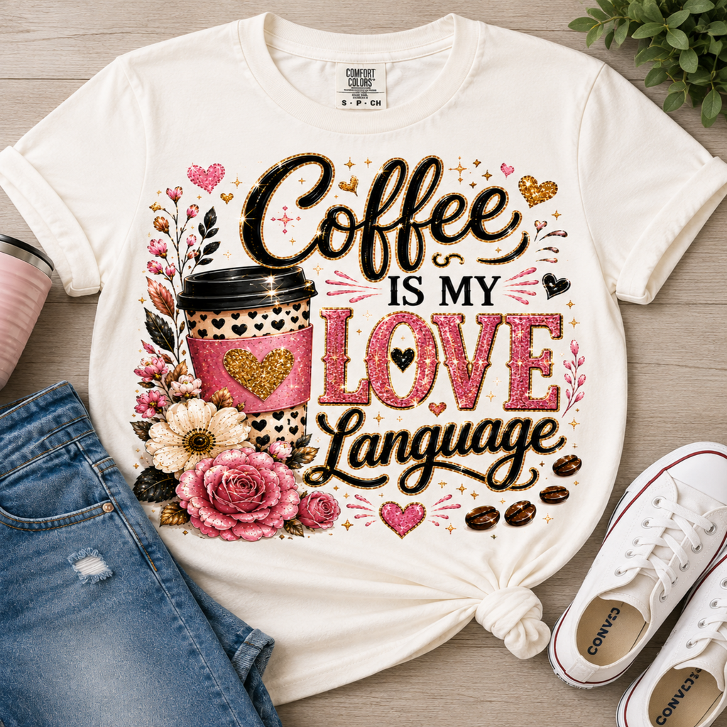 A white graphic T-shirt laid flat on a light wood surface, styled with blue jeans, a pink cup, and white sneakers. The shirt features a large decorative coffee-themed print reading 'Coffee is my love language' with pink hearts, flowers, a coffee cup, and gold glitter-style accents.