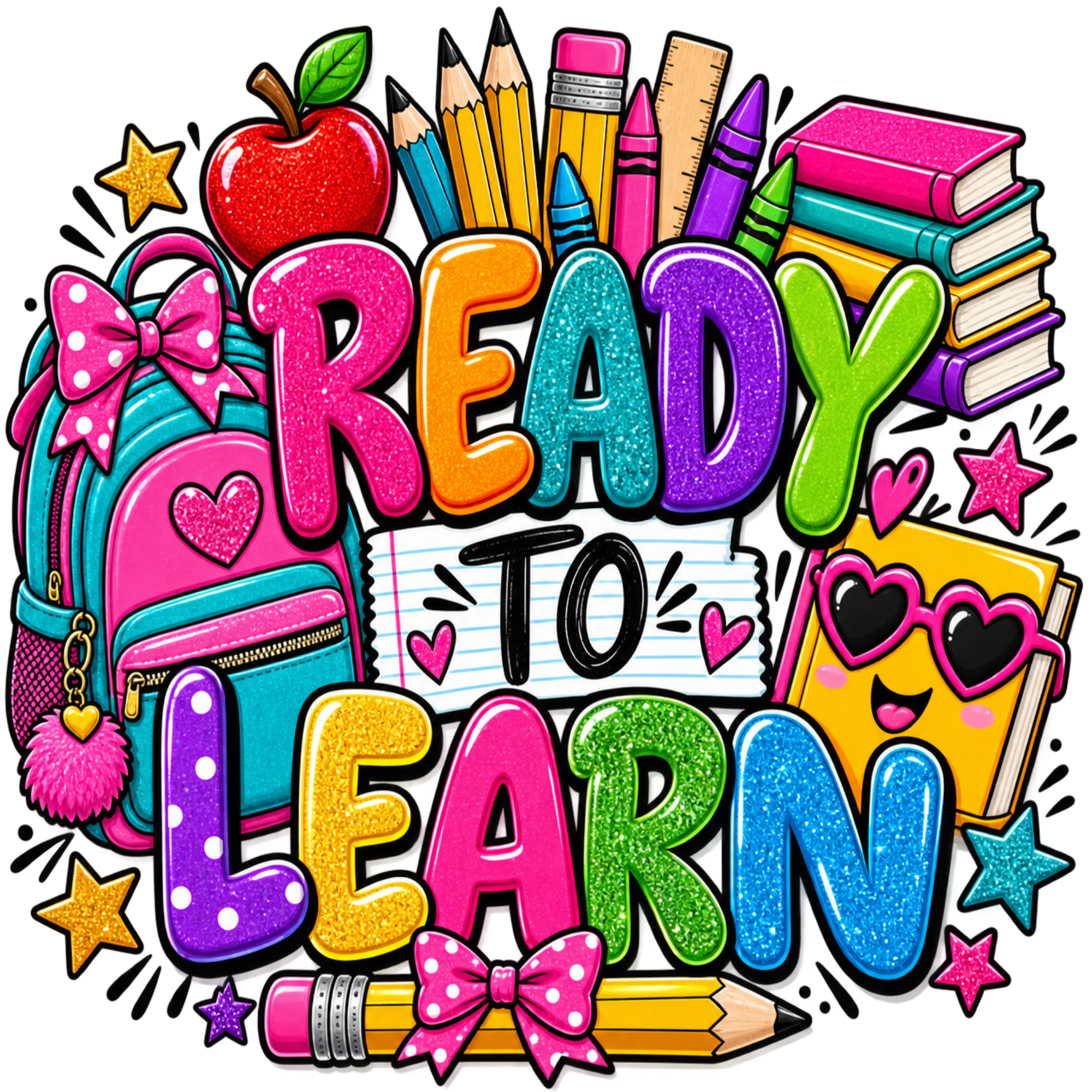 A colorful cartoon-style graphic reading “READY TO LEARN” with school-themed illustrations including an apple, backpack, pencils, books, stars, and hearts on a white background.