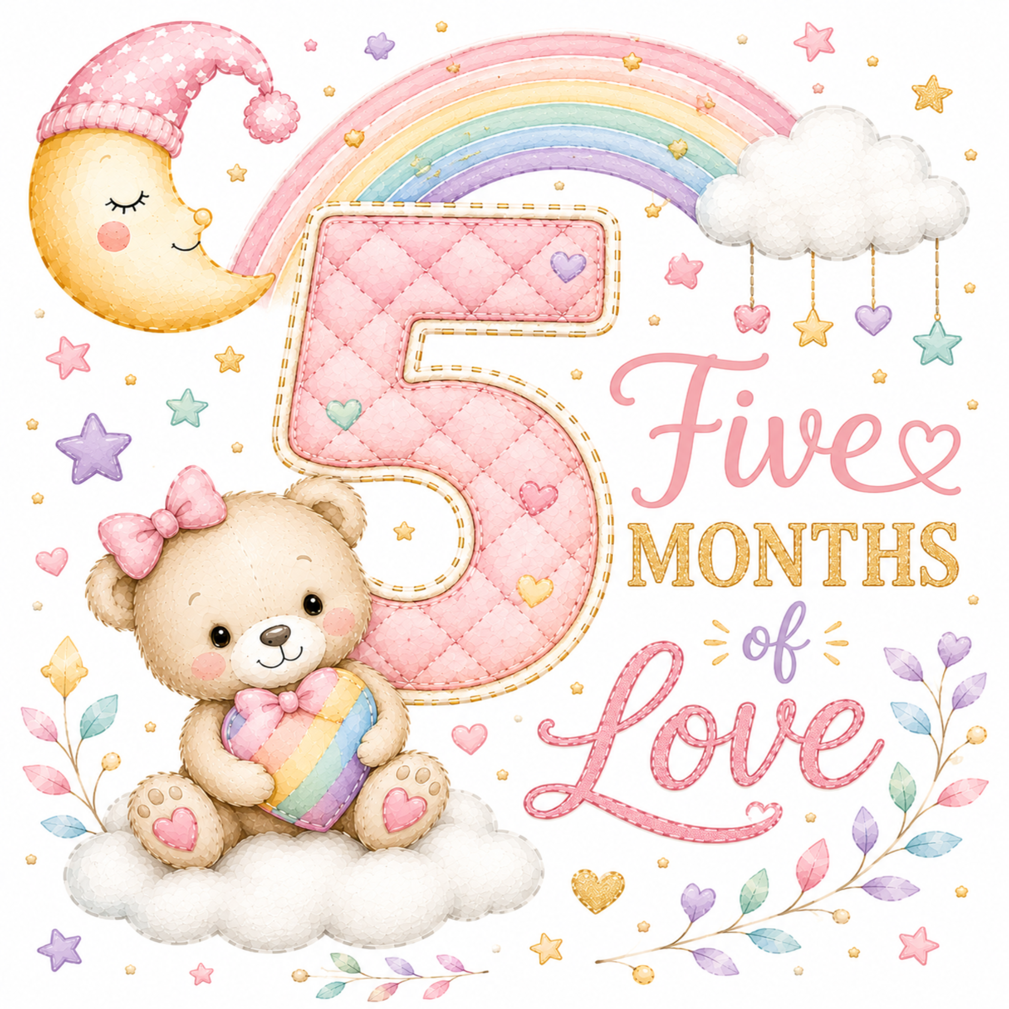 A pastel baby milestone card design celebrating 5 months, featuring a large quilted pink number 5, a smiling teddy bear holding a rainbow, a crescent moon in a pink hat, a rainbow, clouds, stars, and the words 'Five Months of Love' on a white background.