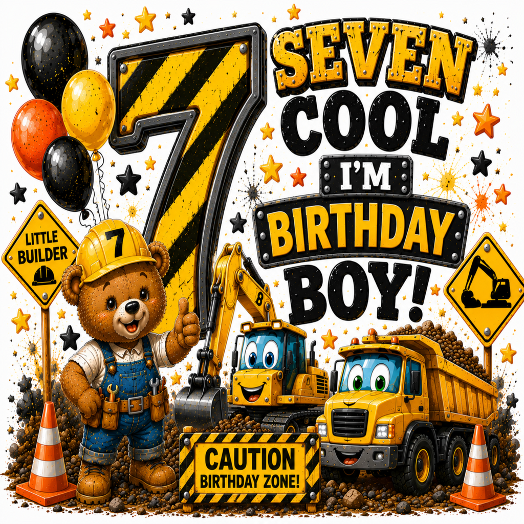 A colorful cartoon birthday party backdrop or print for a 7th birthday boy, featuring a teddy bear in construction overalls, yellow construction vehicles, balloons, stars, and large text reading 'SEVEN COOL I'M BIRTHDAY BOY!'.