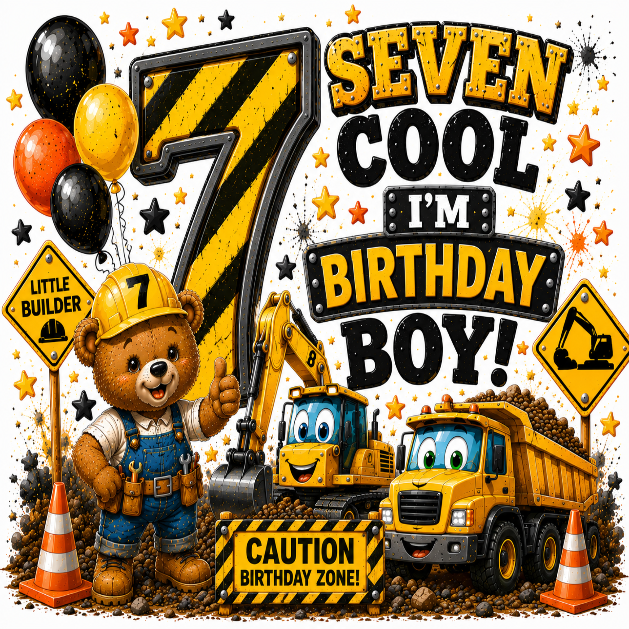 A colorful cartoon birthday party backdrop or print for a 7th birthday boy, featuring a teddy bear in construction overalls, yellow construction vehicles, balloons, stars, and large text reading 'SEVEN COOL I'M BIRTHDAY BOY!'.