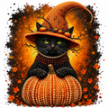 A stylized Halloween artwork of a black cat wearing a tall orange witch hat and a pumpkin-shaped scarf, set against a warm autumn background with leaves and splatter effects.