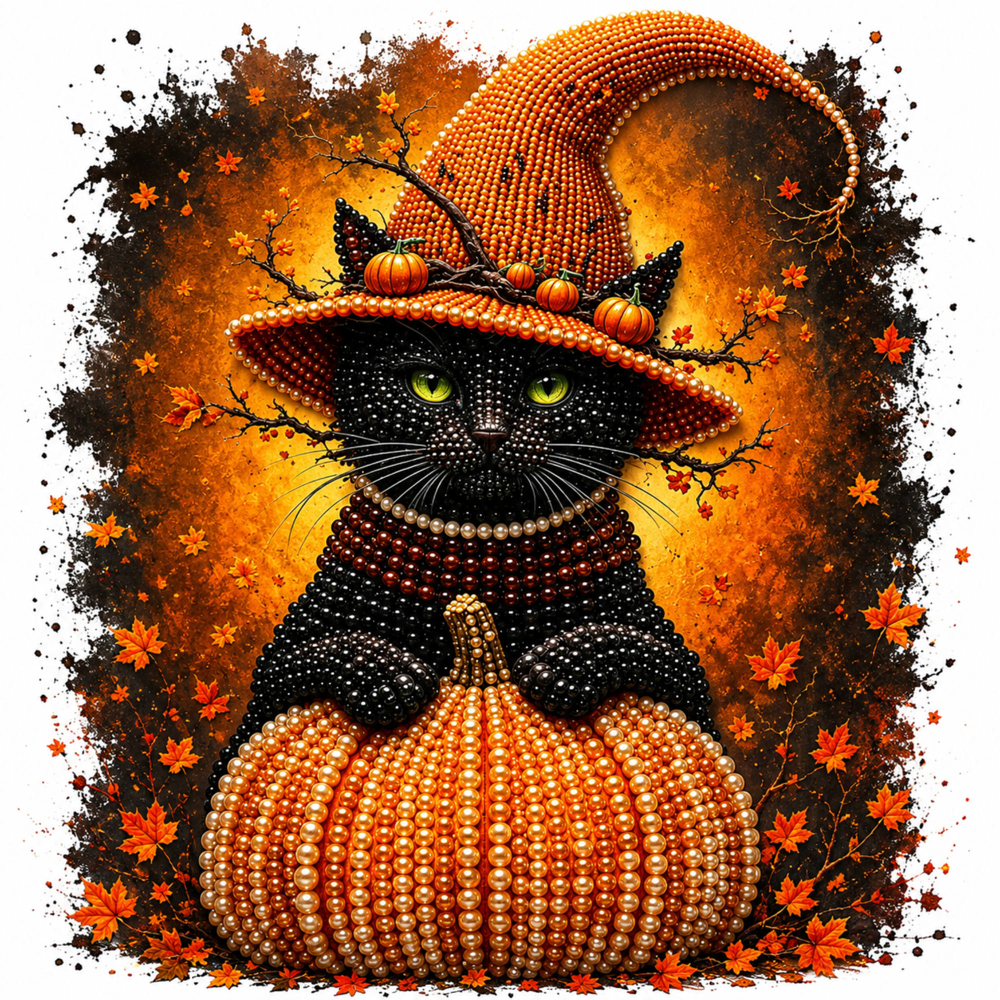 A stylized Halloween artwork of a black cat wearing a tall orange witch hat and a pumpkin-shaped scarf, set against a warm autumn background with leaves and splatter effects.