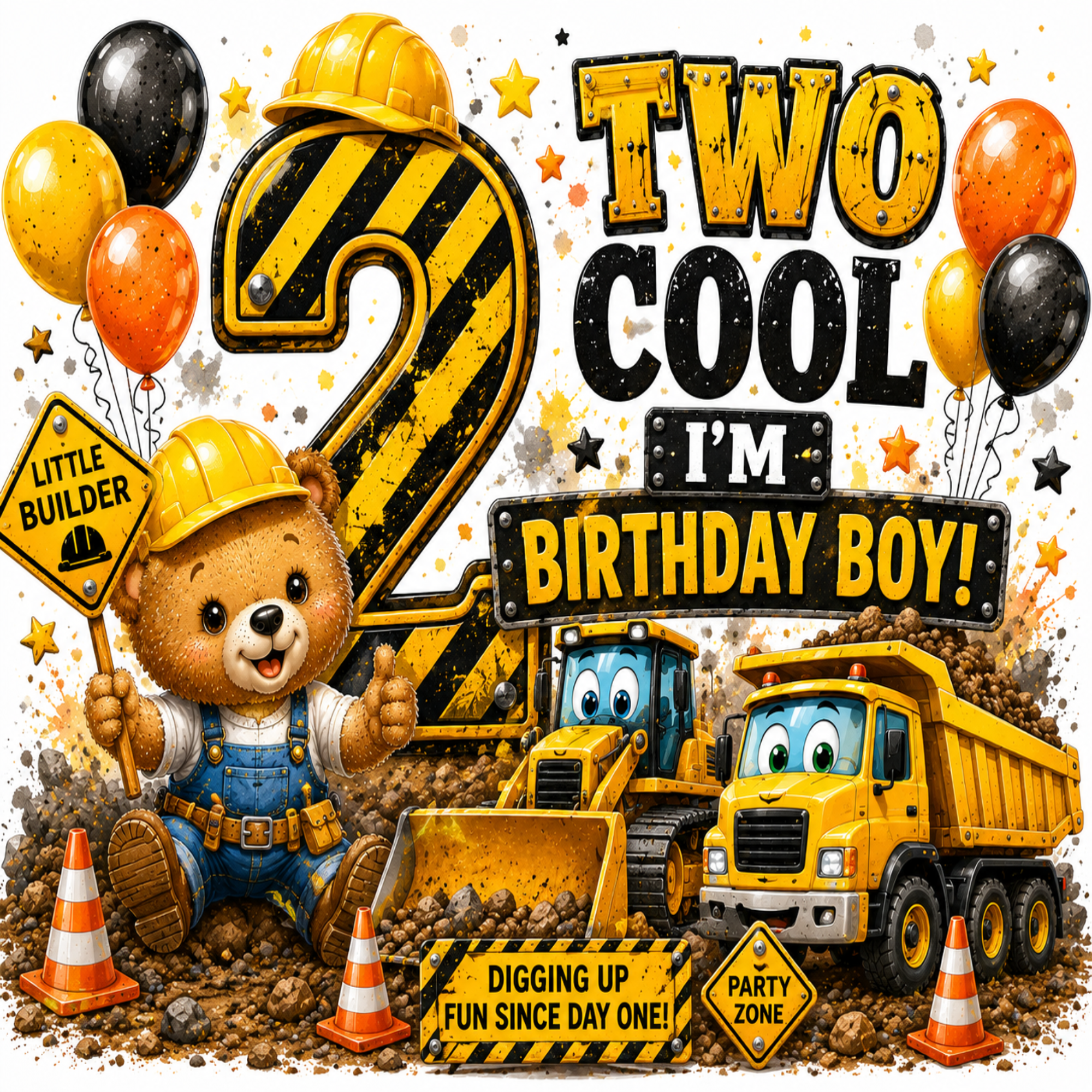 A children's birthday party backdrop or print featuring a cartoon teddy bear in construction overalls and a yellow hard hat, with a large number 2, balloons, toy trucks, cones, and text reading 'TWO COOL I'M BIRTHDAY BOY!' and 'DIGGING UP FUN SINCE DAY ONE!'.