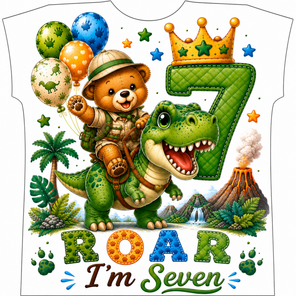 A colorful children's birthday shirt graphic featuring a cartoon teddy bear in safari gear riding a green dinosaur, with a large quilted number 7, balloons, jungle elements, and the text 'ROAR I'm Seven' on a white shirt outline.