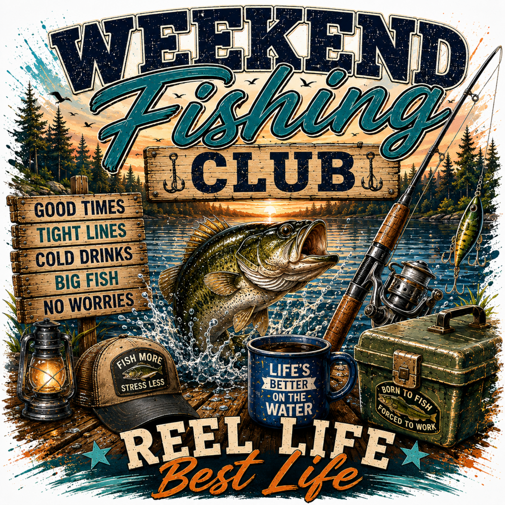 A rustic-themed graphic design for a weekend fishing club, featuring a large bass jumping out of the water, a fishing rod, tackle box, lantern, mug, and a hat. The text reads 'WEEKEND FISHING CLUB' and 'REEL LIFE Best Life'.