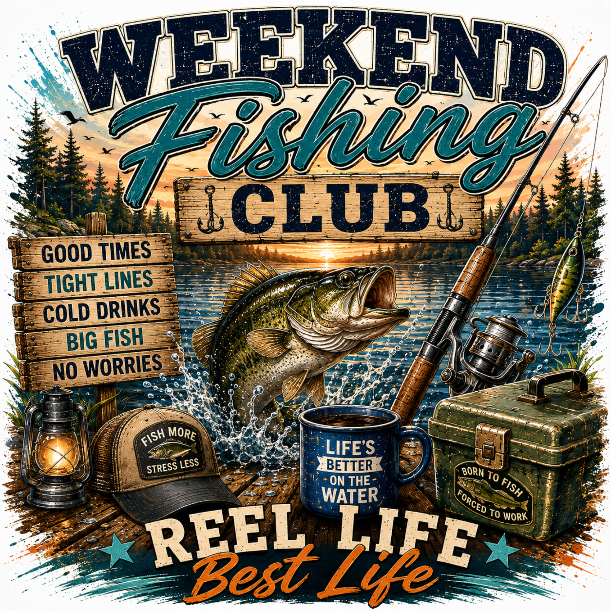 A rustic-themed graphic design for a weekend fishing club, featuring a large bass jumping out of the water, a fishing rod, tackle box, lantern, mug, and a hat. The text reads 'WEEKEND FISHING CLUB' and 'REEL LIFE Best Life'.