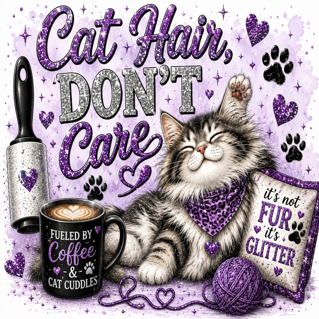 A decorative graphic with the phrase 'Cat Hair, DON'T Care' in glittery purple and silver lettering, featuring an illustrated fluffy gray-and-white cat wearing a purple glitter bandana, purple hearts, paw prints, a sewing machine, a mug reading 'Fueled by Coffee & Cat Cuddles,' a ball of purple yarn, and a pillow that says 'it's not FUR it's GLITTER.'.