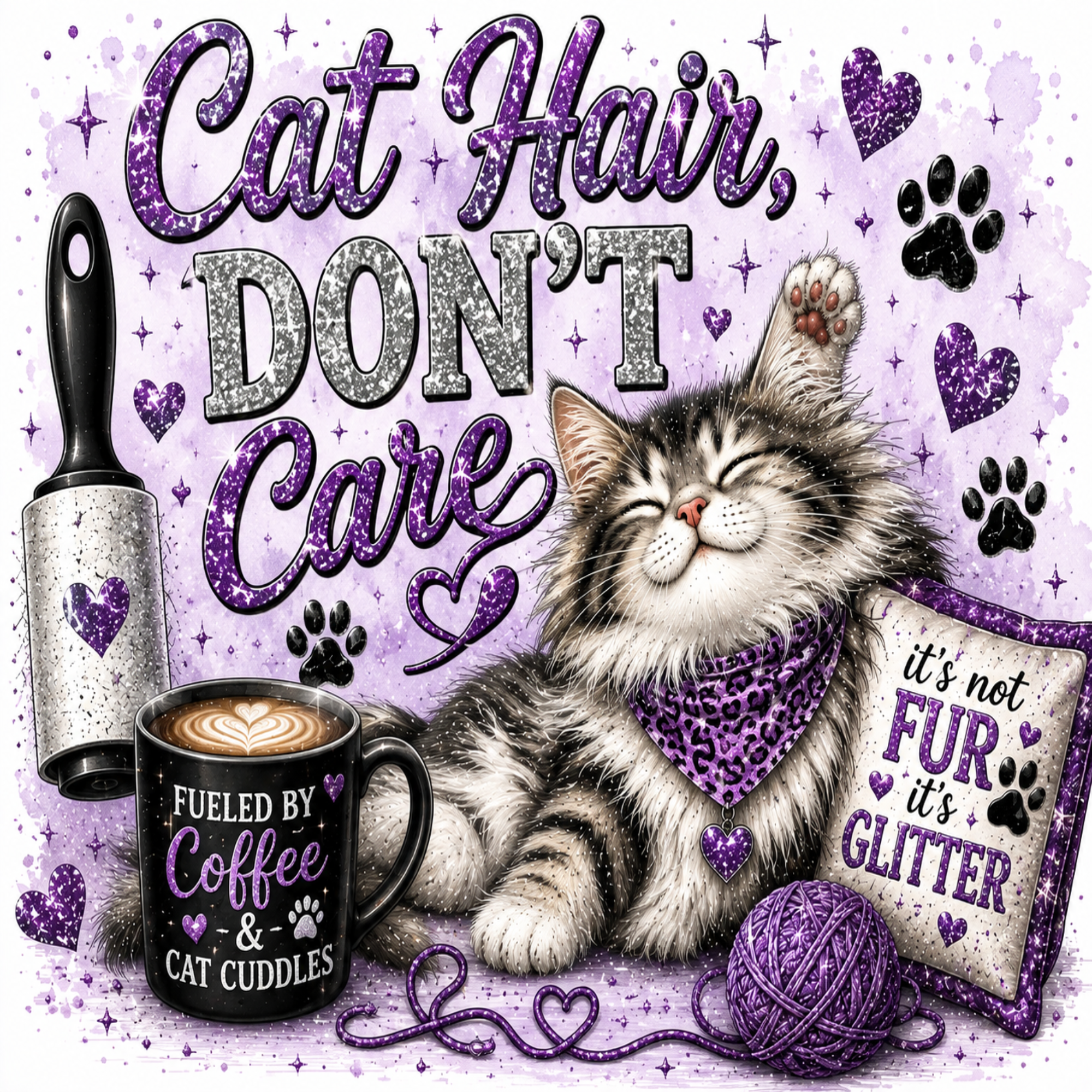 A decorative graphic with the phrase 'Cat Hair, DON'T Care' in glittery purple and silver lettering, featuring an illustrated fluffy gray-and-white cat wearing a purple glitter bandana, purple hearts, paw prints, a sewing machine, a mug reading 'Fueled by Coffee & Cat Cuddles,' a ball of purple yarn, and a pillow that says 'it's not FUR it's GLITTER.'.