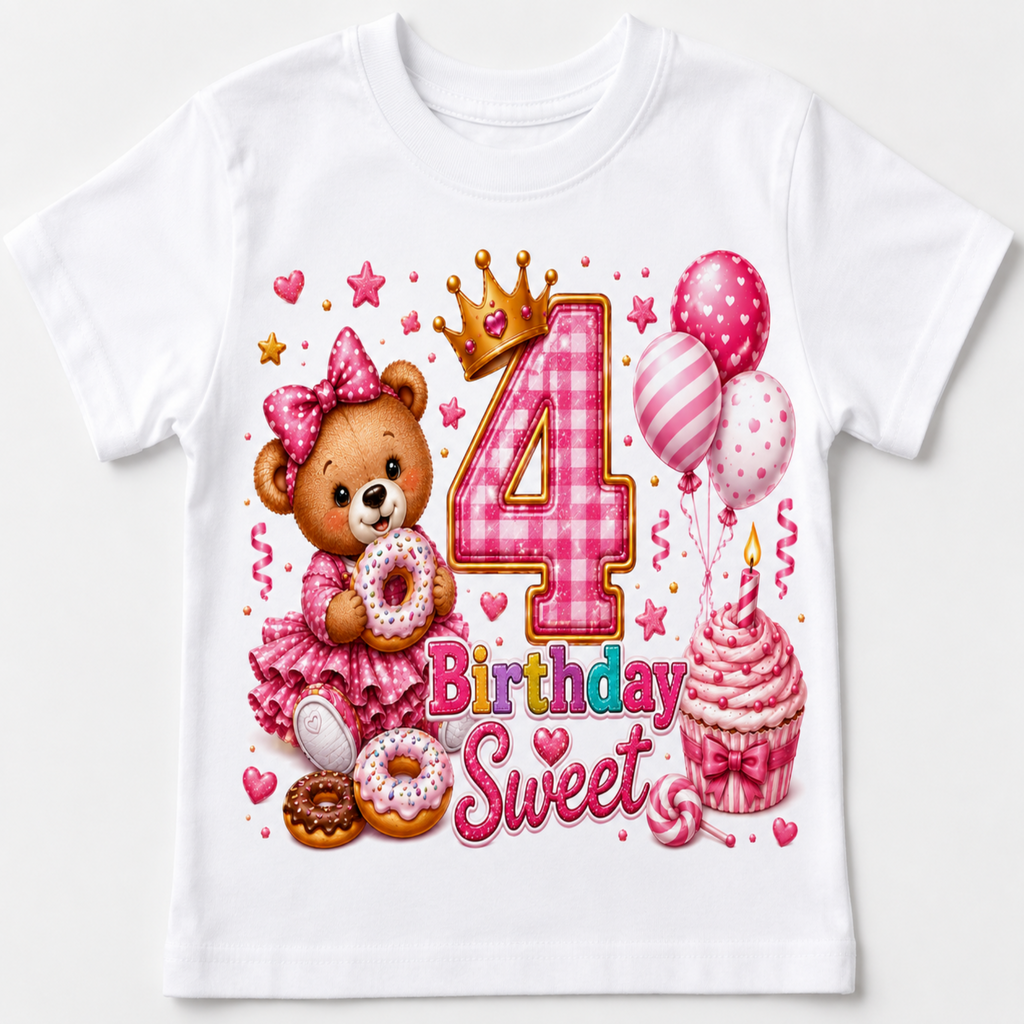 A white short-sleeve kids' t-shirt featuring a colorful '4th Birthday Sweet' graphic print with a teddy bear, donuts, balloons, a cupcake, and a crown.